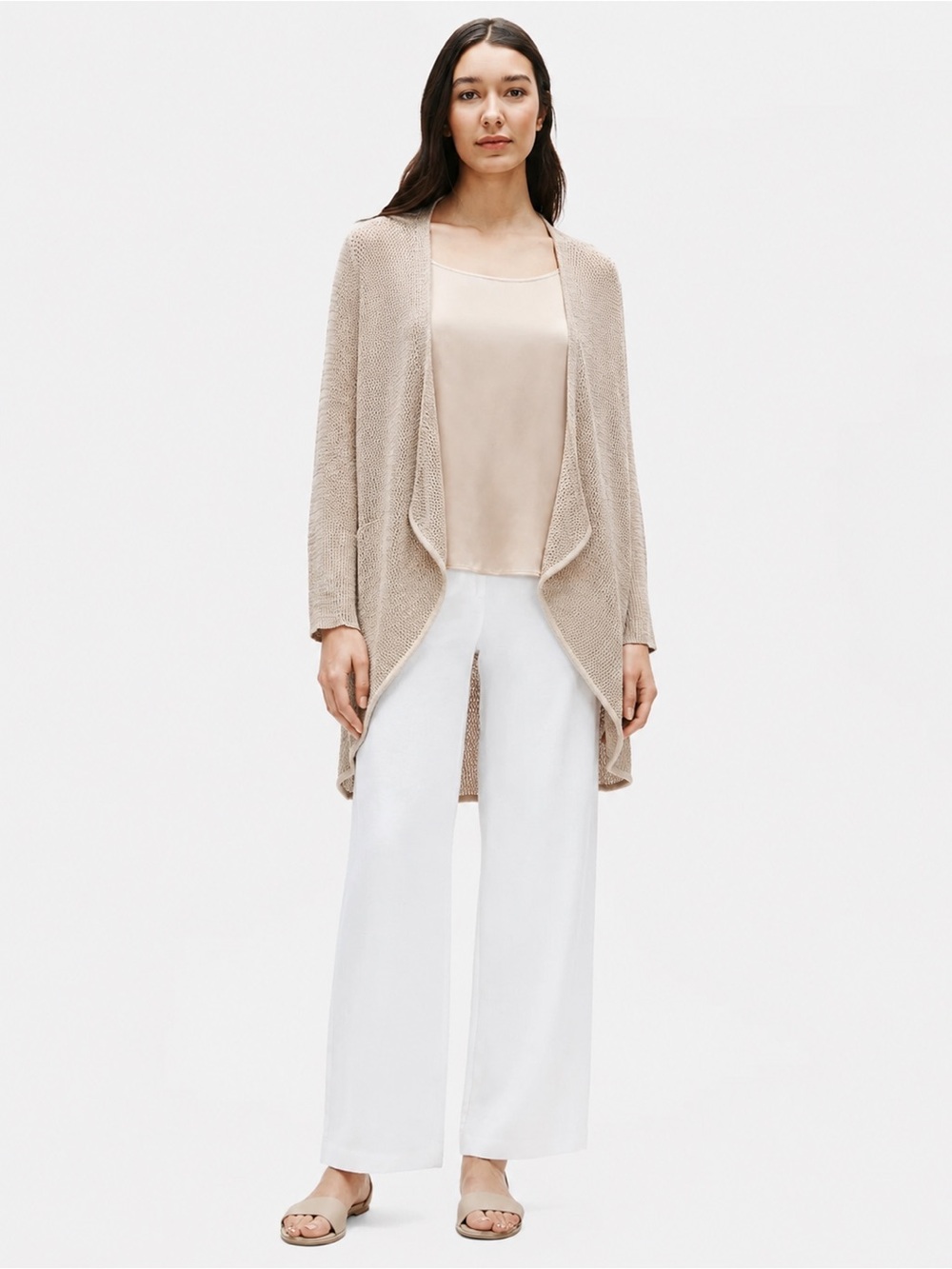Eileen Fisher Pointelle Open CArdigan Sweater Open Long Tan Neutral Small 225